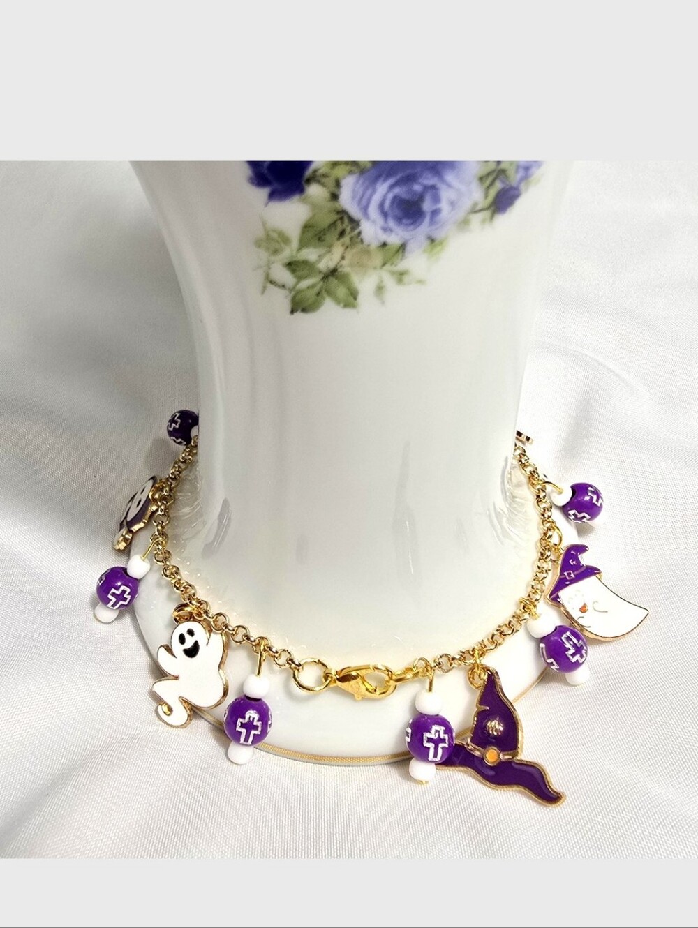 Fun Purple Ghost and Reaper Charm Beaded Bracelet: Halloween Aesthetic